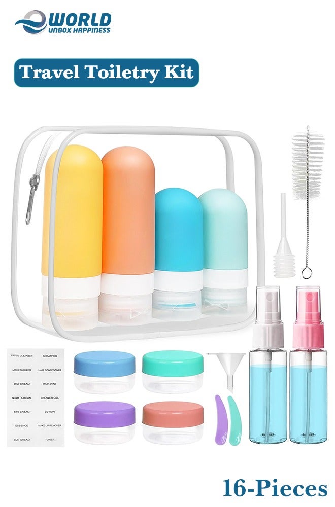 إي وورلد مجموعة زجاجات سفر 16 قطعة للمستحضرات | حاويات سفر سيليكون مقاومة للتسرب وقابلة لإعادة التعبئة للشامبو والبلسم واللوشن والسوائل | مجموعة سفر ملونة مع حقيبة | معتمدة من TSA - Image 1